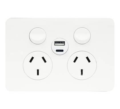 Hager WBHP2SUSBAC Allure Series Double Powerpoint, Switchplug Combination, With Single USB Type A+C Charging Outlet, Gloss White