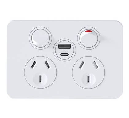 Hager WBSP2SUSBAC-MW Silhouette Series Double Powerpoint, Switchplug Combination, With Single USB Type A+C Charging Outlet, Matt White