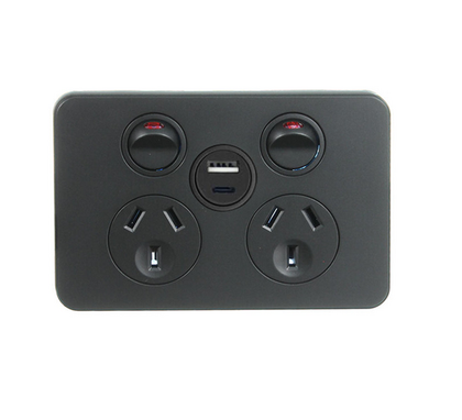 HAGER SILHOUETTE WBSP2SUSBAC-MB 10AMP DOUBLE INTERNAL POWERPOINT WITH USB A+C CHARGER MATTE BLACK