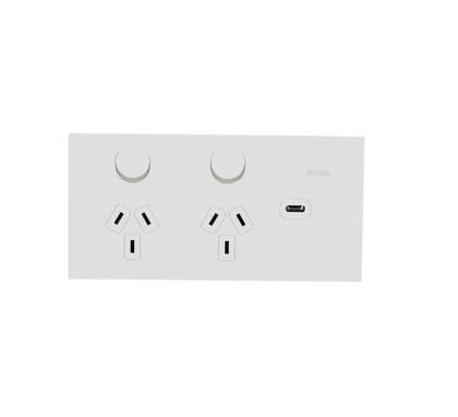 Clipsal 1025USBC-WC Double switched socket + USB charger, Clipsal Solis T Series, horizontal, USB C type, 10A