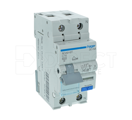 Hager ADA916T ADA-Series C-Curve 1P+N Pole Type A Combination RCD/MCB, 16A, 6kA, 240VAC