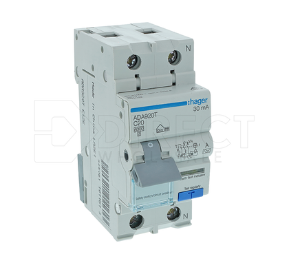 Hager ADA920T ADA-Series C-Curve 1P+N Pole Type A Combination RCD/MCB, 20A, 6kA, 240VAC