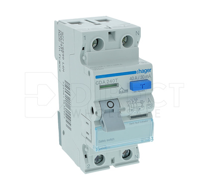 Hager CDA240T Residual Current Circuit Breaker, 230/415V AC 40A 2 Pole 50HZ 30MA A For Domestic