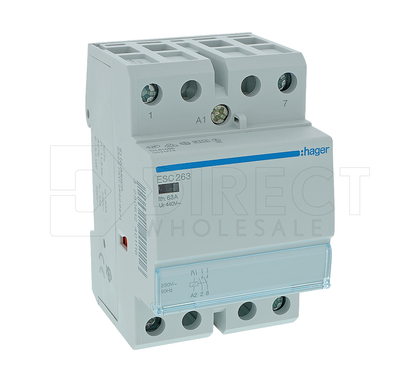 Hager ESC263 Contactor, 2NO, 230VAC Coil Voltage, 63A, 2 Pole, 400VAC, -10 to 50 deg C, 50/60Hz, With 3 Module