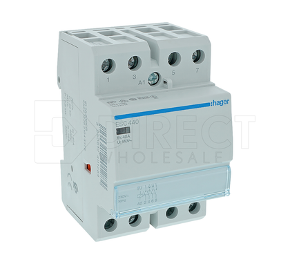 Hager ESC440 Contactor, 4NO, 230VAC Coil Voltage, 40A, 400VAC, -10 to 50 deg C, 50/60Hz, With 3 Module