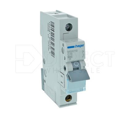 Hager MSN116 MSN-Series C-Curve 1 Pole Miniature Circuit Breaker, 16A, 6kA, 240/415VAC