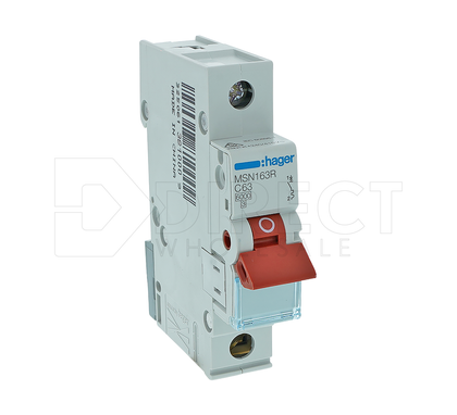 Hager MSN163R MSN-Series C-Curve 1 Pole Red Toggle Miniature Circuit Breaker, 63A, 6kA, 240/415VAC