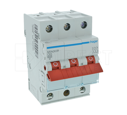 Hager MSN363R MSN-Series Red Toggle 3 Pole Miniature Circuit Breaker, 63A, 6kA, 240/415VAC