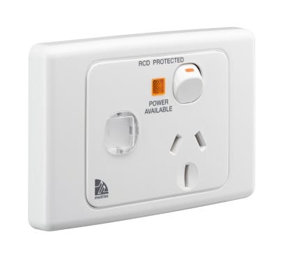 Clipsal Medilec ML2000 Moulded Series ML2015/15IWE 3 Pin Outlet Socket Switch With Neon and RCD Label, 250VAC, 15A, White Electric