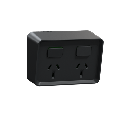 Clipsal Iconic Outdoor, Twin, Switched socket outlet, horizontal, 10A, 250V, Black - O3025-BK