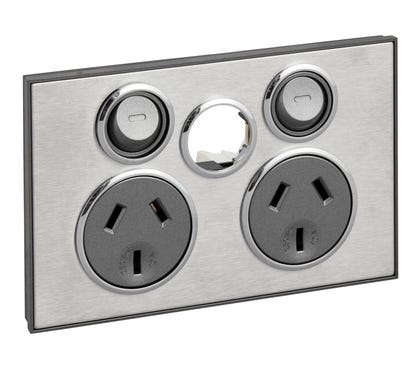 Clipsal Saturn Series Two Gang Powerpoint With Removable Extra Switch 10Amp Horizontal Less Switch Horizon Silver - 4025XUA-HS