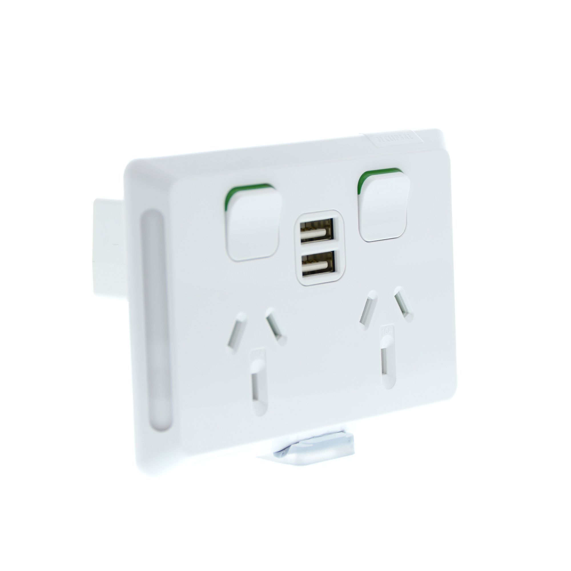 Clipsal Pro Series, switched socket, 2 switch & 2 socket, USB, horiz, 10 A, White - P3025USB2-XW