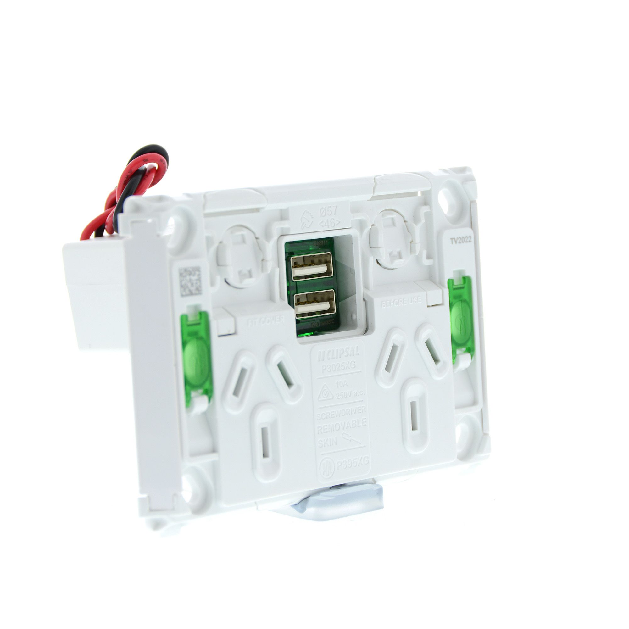 Clipsal Pro Series, switched socket, 2 switch & 2 socket, USB, horiz, 10 A - P3025USB2G