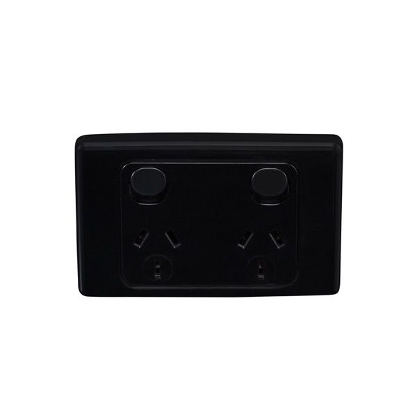 Clipsal 2000 Series Double Powerpoint 250V 10Amp Horizontal Twin Switch Socket Outlet Black  - 2025-BK